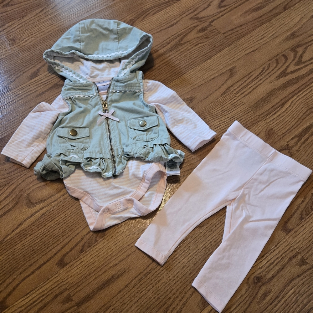Tahari Baby Girl Matching Set with Denim Vest Hoodie Pink Bodysuit Leggings 0-3M